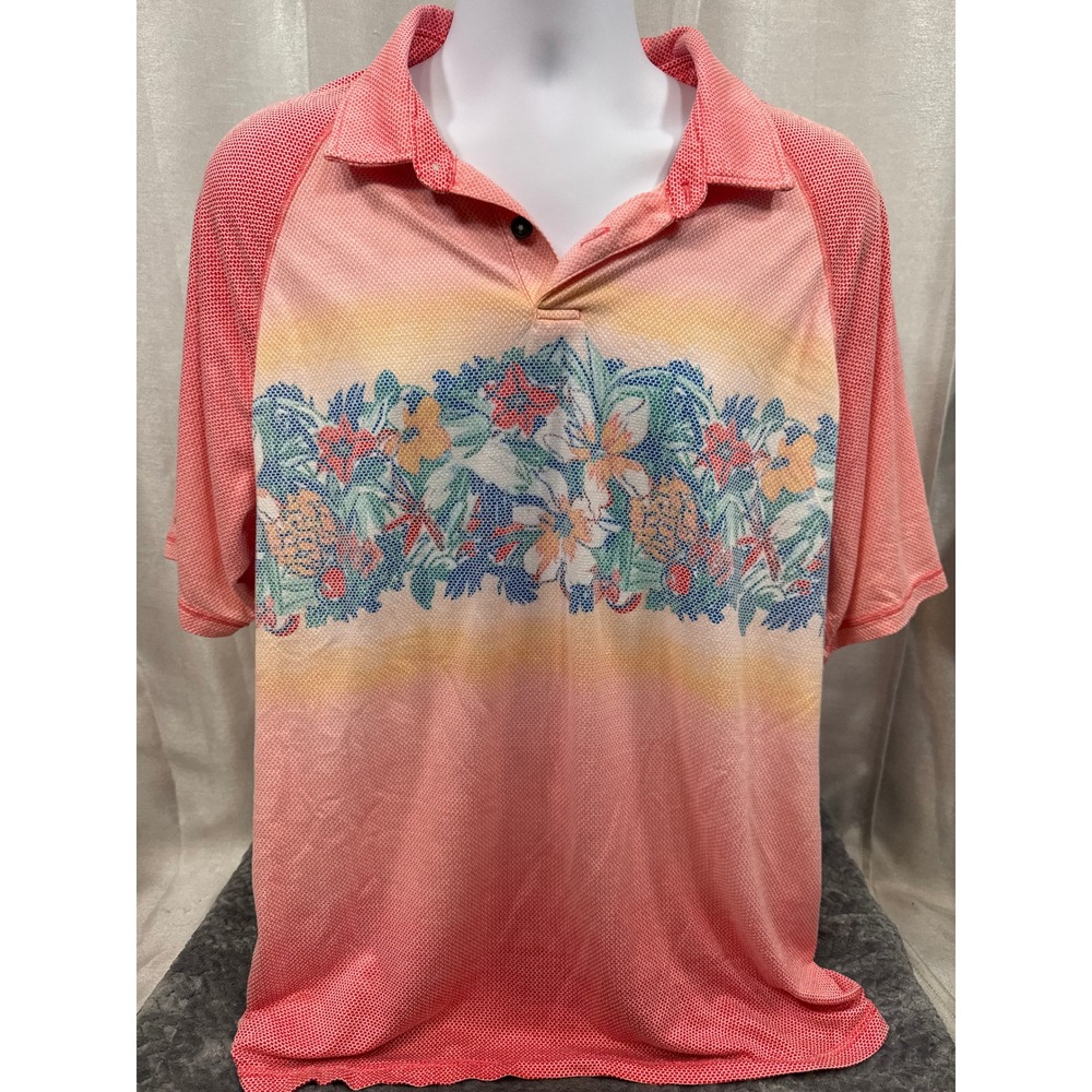 Tommy Bahama IslandZone Mens XL Coral Pink Tropical Floral Ombre Polo Shirt